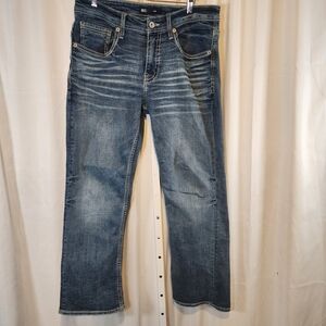 BKE Jake Jeans Mens 33x30 Straight Leg Stitch Western Whiskered Stretch Denim